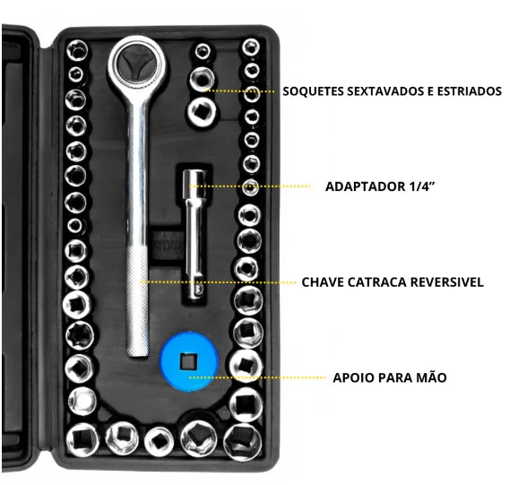 Kit Chaves Jogo Catraca Reversível canhão 1/4 Soquetes 40 Peças c/ maleta